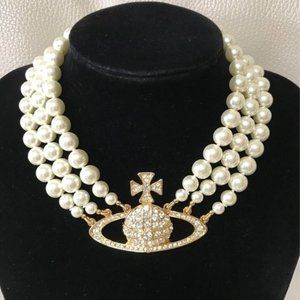 Vivienne Westwood Orb Bas Relief Triple Pearl Necklace Choker